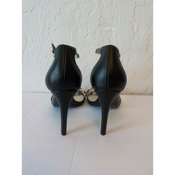 Aldo Black Sandals 6.5 M Stilettos Heel Ankle Strap Faux Leather Animal Print - Picture 8 of 12